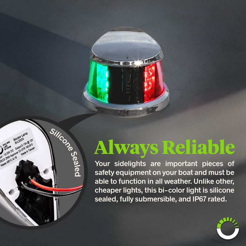 [Australia - AusPower] - Red Green LED Marine Navigation Bow Light for Boats [USCG ABYC A-16 2NM][IP67 Waterproof][Chrome & ABS] 2 Nautical Mile Visibility Bicolor Navigation Boat Light for Pontoon Yacht Fishing Boat 