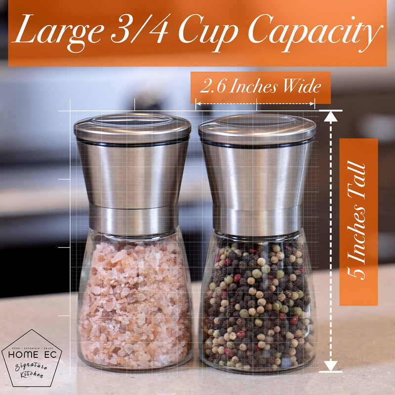 [Australia - AusPower] - HOME EC Premium Stainless Steel Salt and Pepper Grinder Set of 2 - Adjustable Ceramic Sea Salt Grinder & Pepper Grinder - Glass Salt and Pepper Shakers - Pepper Mill & Salt Mill W/Funnel & EBook ClearSilver 