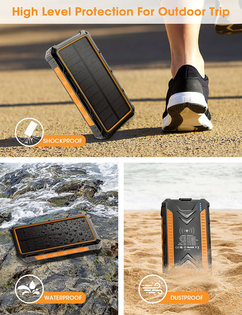 [Australia - AusPower] - Solar Power Bank 36000 mAh, DJROLL Wireless Portable Charger Quick Charge, Solar Charger, Flashlight External Battery Portable Charger Power Bank for iOS and Android Orange 