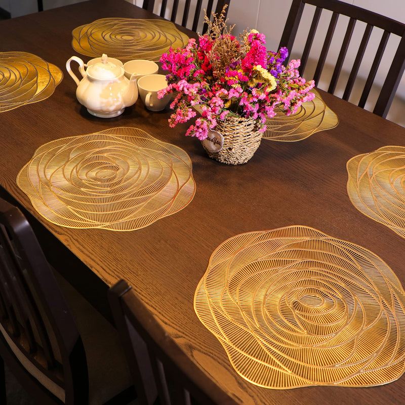 [Australia - AusPower] - Snowkingdom Gold Placemats and Coasters Set of 6,Pressed Metallic Vinyl 15 inch Round Place Mats 3.75 inch Coasters Rose Dining Table Mats Indoor Decor Centerpiece 