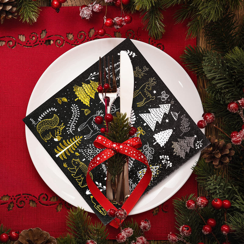 [Australia - AusPower] - Whaline 80 Pack Christmas Paper Napkins 6.5 x 6.5" Xmas Tree Cocktail Napkins Disposable Black White Gold Party Beverage Napkins for Christmas New Year Winter Holiday Dinner Party Supplies 