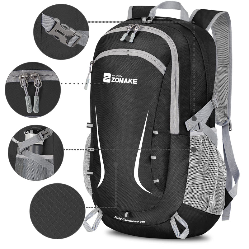 [Australia - AusPower] - Packable Hiking Backpack Water Resistant,40L Lightweight Daypack Foldable Backpack for Travel,By Zomake Black 