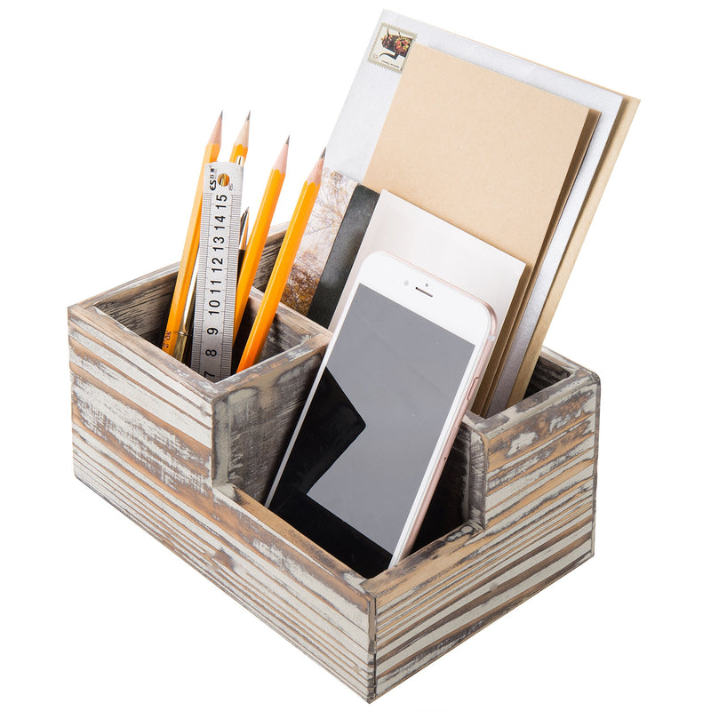 [Australia - AusPower] - MyGift Rustic Torched Wood Office Desk Stationery Organizer - 3 Compartment Remote Control and Media Storage Holder 