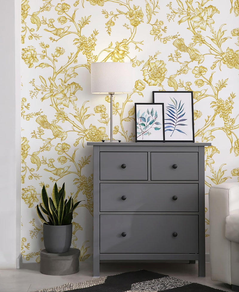 [Australia - AusPower] - Safiyya 118"x17.3" Peel and Stick Wallpaper Gold and White Contact Paper Floral Birds Wallpaper Self Adhesive Removable Wallpaper for Walls Furniture Covering Vinyl Rolls 118 In X 17.3 In 
