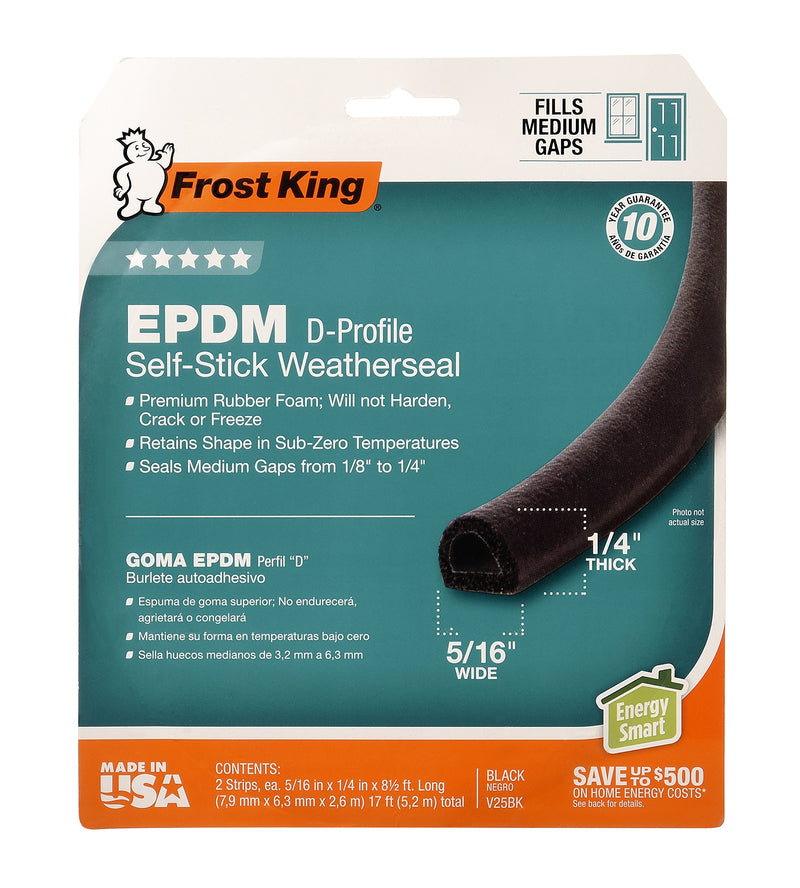 [Australia - AusPower] - Frost King EPDM Rubber Self-Stick Weatherseal Tape, D-Section, 5/16" W, 1/4" T, 17 ft L, Black 