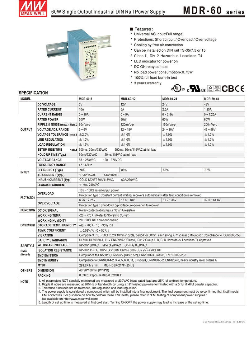 [Australia - AusPower] - [PowerNex] Mean Well MDR-60-24 24V 2.5A 60W Single Output Industrial DIN Rail Power Supply 