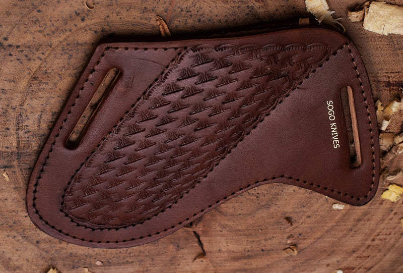 [Australia - AusPower] - SOGO KNIVES Leather Knife Sheath for Belt, Slanted Pancake Sheath, Tooled Leather Sheath, Beautiful Cow Boy Bull Cutter Knife Leather Cover 100% Real Leather Cross Draw Sheath BROWN 