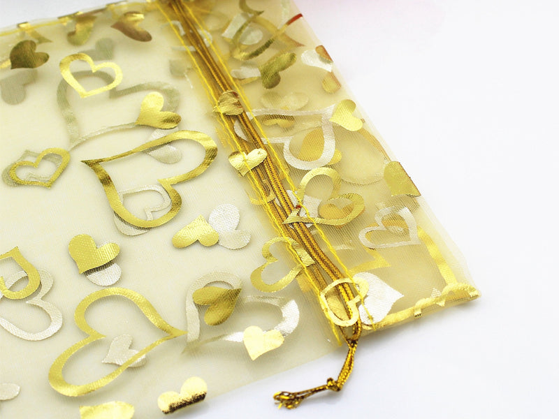 [Australia - AusPower] - QIANHAILIZZ 8 x 12 Inch 100 Drawstring Heart Flower Bags Organza Jewelry Gift Pouch Candy Pouch Drawstring Wedding Favor Bags (Gold Heart) Gold Heart 