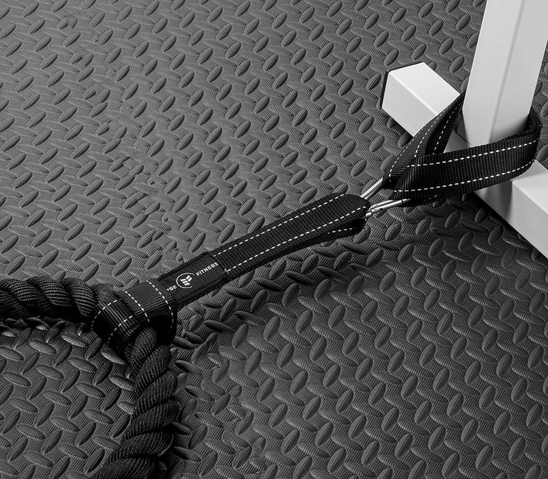 [Australia - AusPower] - Battle Rope Anchor Strap Kit | Heavy Duty Reinforced Nylon | Easy and Fast Setup | Stops Rope Damage | Stainless Steel Carabiner | Includes Exercise Guide | Black with White Stripe 