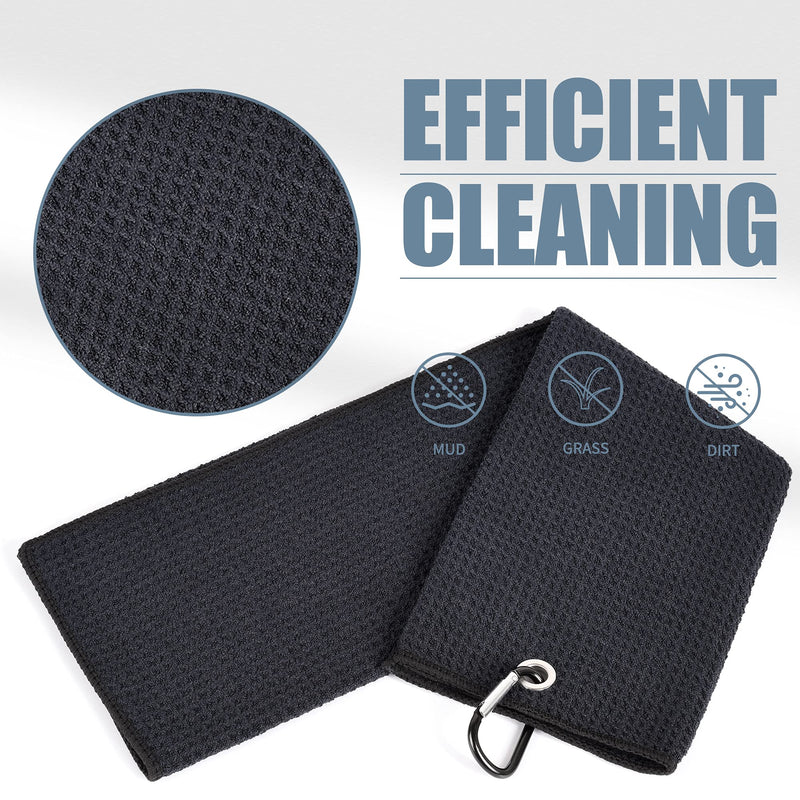 [Australia - AusPower] - Mile High Life Microfiber Waffle Pattern Tri-fold Golf Towel | Brush Tool Kit with Club Groove Cleaner, Retractable Extension Cord and Clip 1 Black Towel+1 Black Brush 