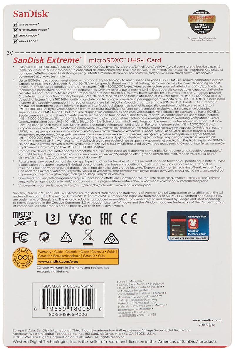 [Australia - AusPower] - SanDisk 400GB Extreme MicroSDXC UHS-I Memory Card - C10, U3, V30, 4K, A2, Micro SD - SDSQXA1-400G-GN6MN 