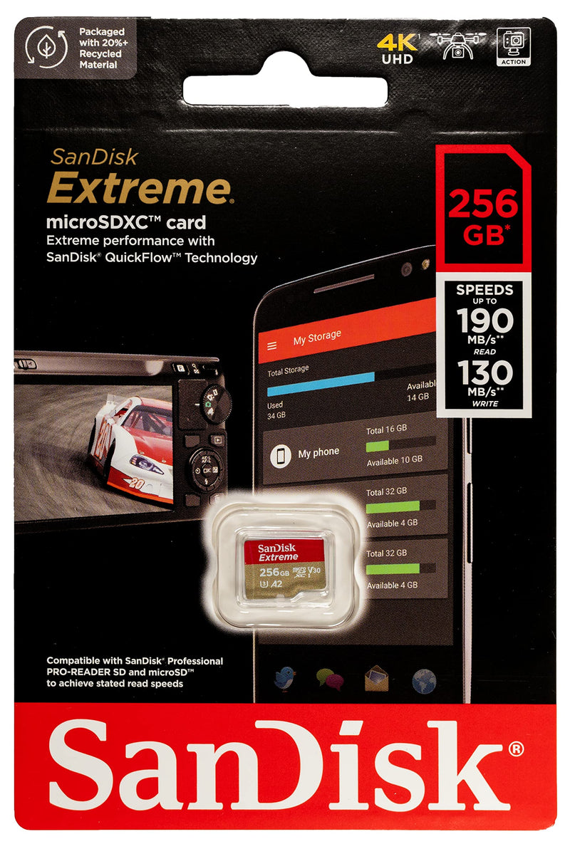 [Australia - AusPower] - SanDisk Extreme 256GB V30 A2 MicroSDXC Memory Card for DJI Works with Mavic Air 2 Drone 4K 8K Bundle with (1) Everything But Stromboli MicroSD Reader Class 10 256GB 