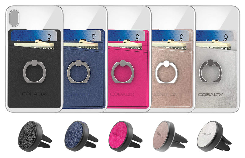 [Australia - AusPower] - COBALTX Leather Cell Phone Ring Wallet Adhesive and Matching Magnetic car Vent Mount Card Holder Back of Phone All in one Combo Wallet Ring Grip Kick Stand Phone Wallet Stick on with Ring (Hot Pink) Hot Pink 