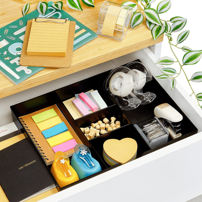 [Australia - AusPower] - CAXXA 2 Pack 3 Slot Drawer Organizer with Two Adjustable Dividers - Junk Drawer Storage for Office Desk Supplies and Accessories, Black (2 Pack) 