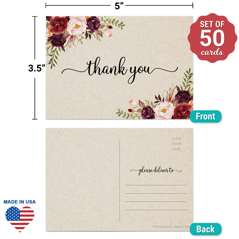 [Australia - AusPower] - 321Done Rose Floral Thank You Postcards - 3.5" x 5" (50 Cards) - Rustic Kraft Thank You Post Cards with Red Pink Flowers for Bridal or Baby Shower, Wedding Party, Thick Cardstock - Made in the USA Medium (3.5" x 5") 