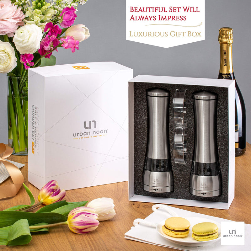 [Australia - AusPower] - Salt and Pepper Grinder Set - Stainless Steel Pepper Grinder and Salt Grinder with Tray in Luxurious Gift-Box - Manual Mills with Ceramic Grinders and Adjustable Coarseness (Set of 2 plus Tray) 