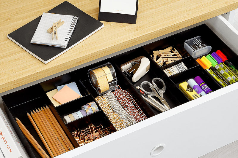 [Australia - AusPower] - CAXXA 2 Pack 3 Slot Drawer Organizer with Two Adjustable Dividers - Junk Drawer Storage for Office Desk Supplies and Accessories, Black (2 Pack) 