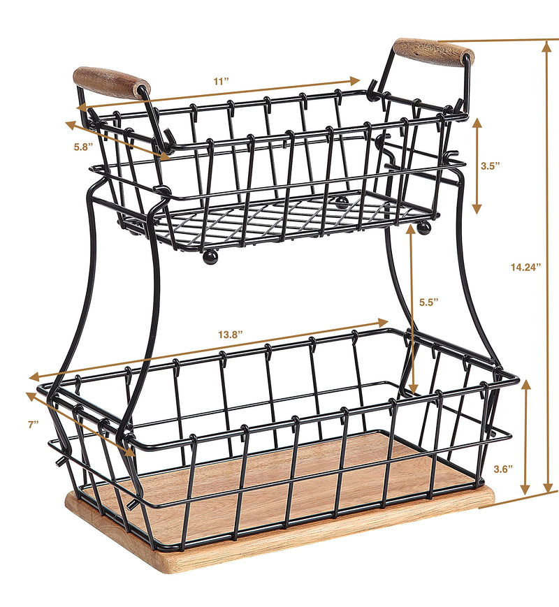 [Australia - AusPower] - SunnyPoint 2-Tier Rectangle Countertop Fruit, Bread Wire Basket (Black, Metal + Wood base) Black 