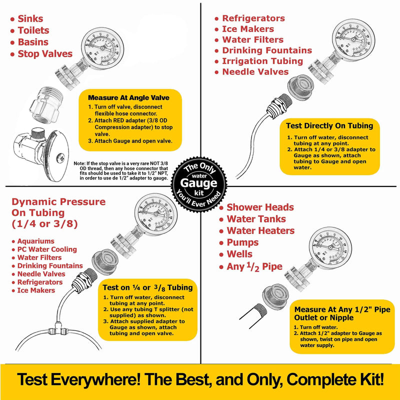 [Australia - AusPower] - Flow Doctor Water Pressure Gauge Kit, All Purpose, 6 Parts Kit, 0 to 200 Psi, 0 to 14 Bars, Standard 3/4" Female Garden Hose Thread Plus 5 Adapters to Test in Multiple Locations Indoors and Outdoors 