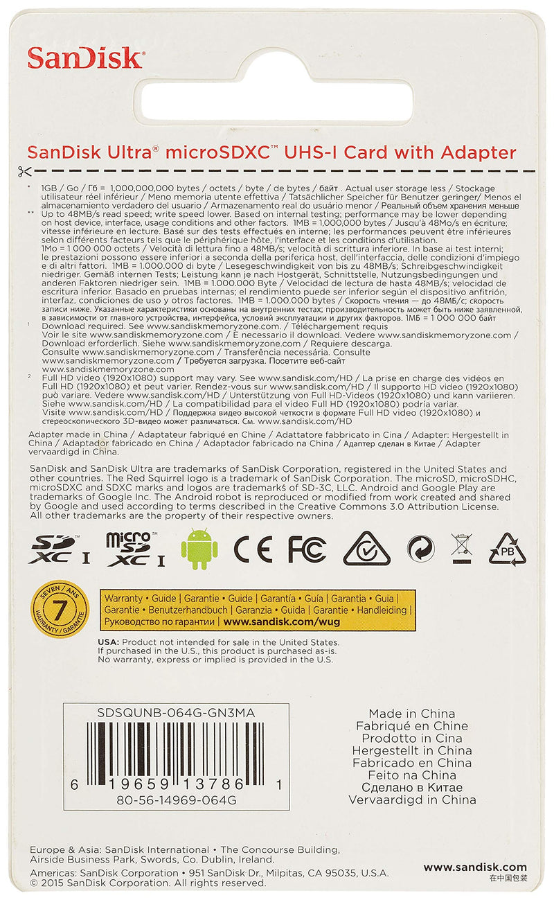[Australia - AusPower] - SanDisk Ultra 64GB microSDXC UHS-I Class 10 Memory Card with Adapter 
