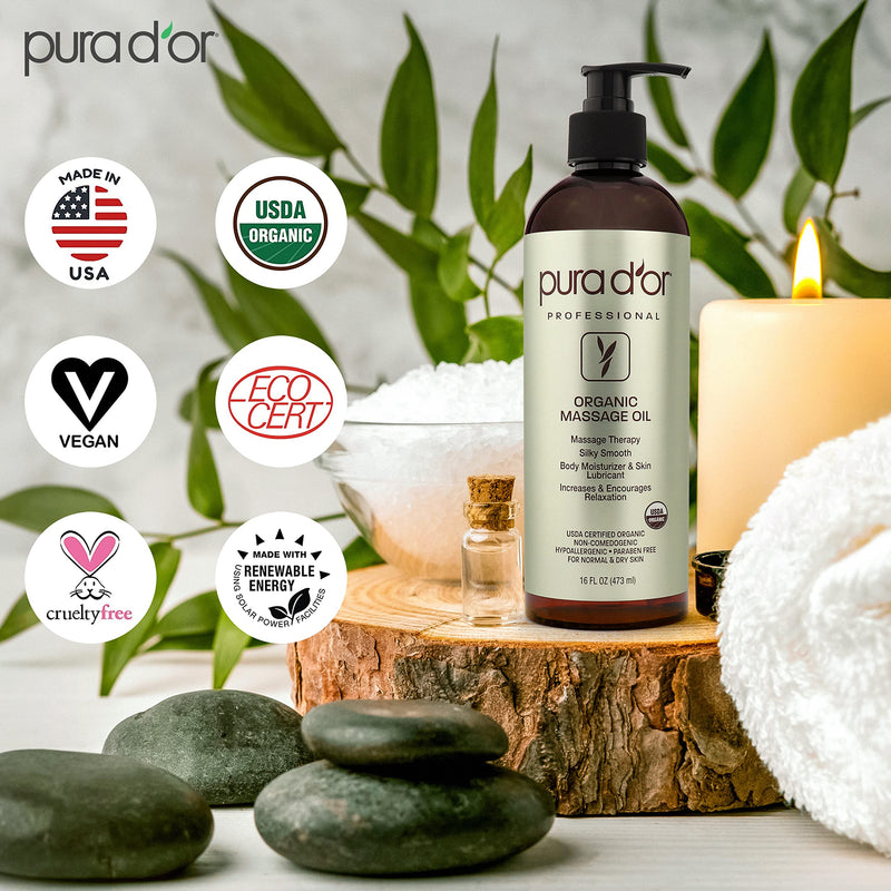 [Australia - AusPower] - PURA D'OR Organic Massage Therapy Oil (16oz) USDA Certified Almond, Apricot, Argan, Ginger, Jojoba, Lavender Oils for Silky & Softer Skin, Body Moisturizer & Skin Lubricant (Packaging May Vary) 