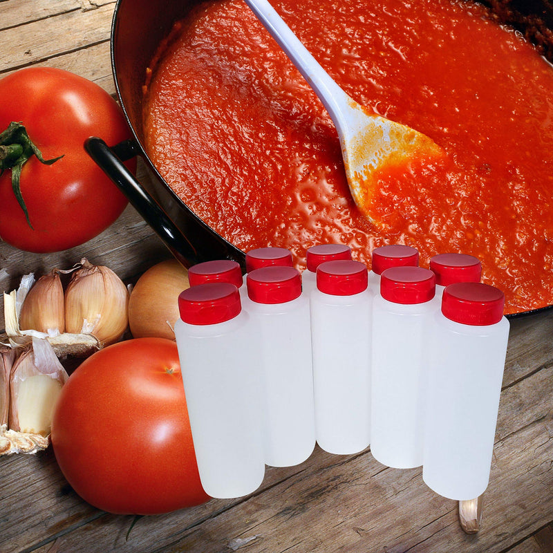 [Australia - AusPower] - kelkaa 8oz HDPE Plastic Squeeze Bottles with Wide Mouth Opening, Red Flip Top Caps for Condiments and Any Thick Liquid Products, Multi-Purpose Refillable Empty Bottles (Pack of 10) 
