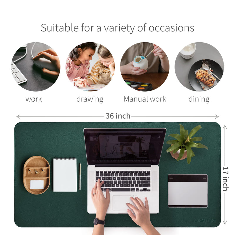 [Australia - AusPower] - RENMTURE Dual-Sided Desk Pad,Natural Cork & PU Leather Large Mouse mats for Office and Home Work,Desk Protector Non-Slip (36"x17",Dark Green+Cork ) Dark Green 