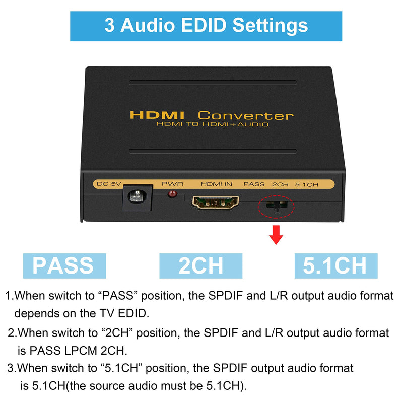 [Australia - AusPower] - 4K HDMI Audio Extractor Splitter, avedio links 1080P HDMI to HDMI Audio Converter + Optical Toslink SPDIF + RCA L/R Stereo Analog Audio, HDMI Audio Adapter for Fire Stick, Blu-Ray Player 