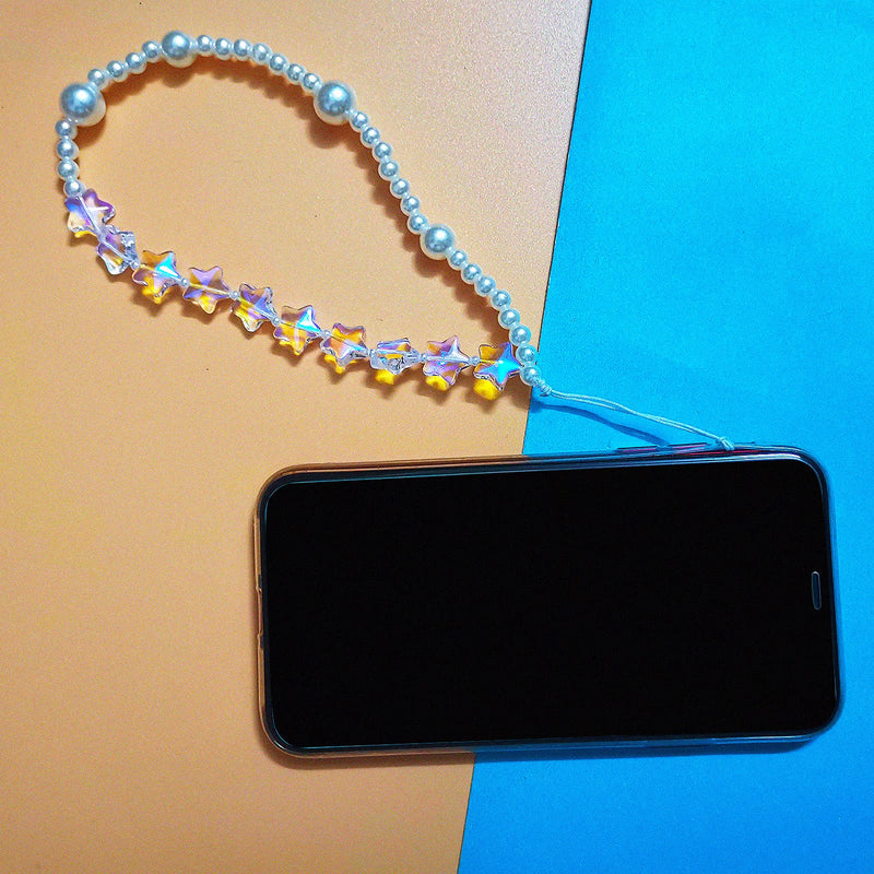 [Australia - AusPower] - Pearl Beaded Phone Charms Hand Wrist Bling Crystal Heart Star Beads Lanyard Handmade Anti-Lost for Keychain star white beads 
