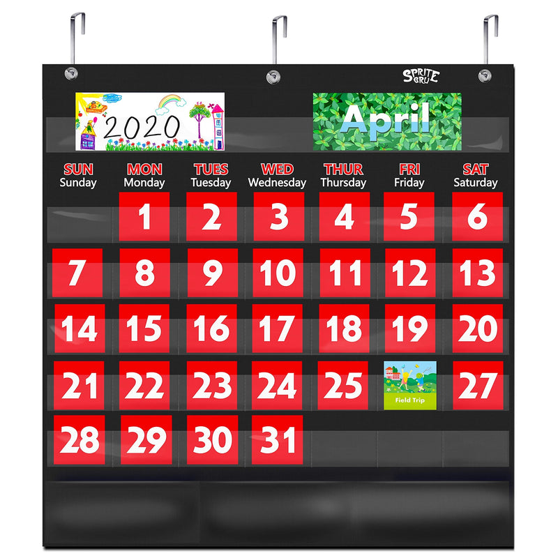 [Australia - AusPower] - Black Calendar Pocket Chart with 104 Cards,(72 Illustrated Activity Cards, 32 Dry Erasable Flash Cards and 3 Hooks 20"x22") Black 