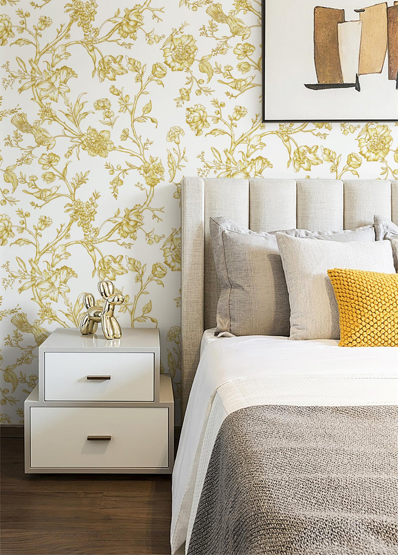 [Australia - AusPower] - Safiyya 118"x17.3" Peel and Stick Wallpaper Gold and White Contact Paper Floral Birds Wallpaper Self Adhesive Removable Wallpaper for Walls Furniture Covering Vinyl Rolls 118 In X 17.3 In 
