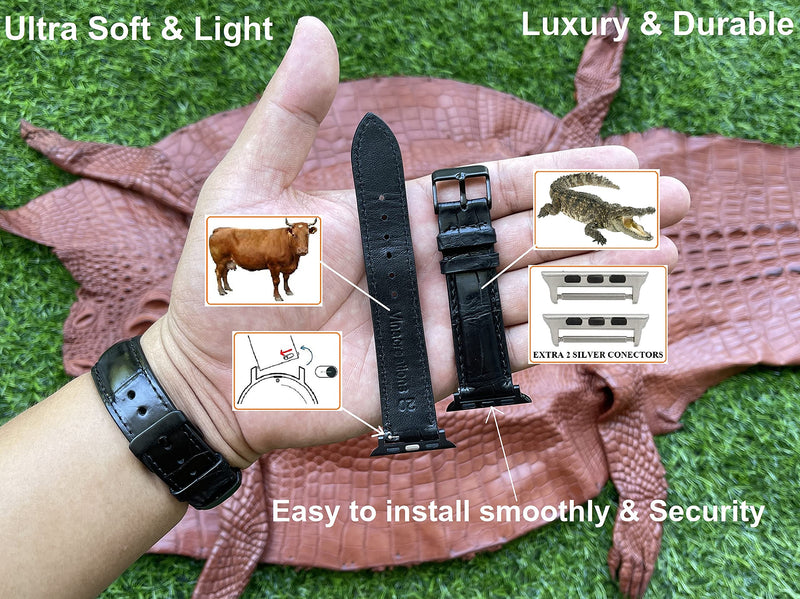 [Australia - AusPower] - Black Crocodile Leather Watch Band Alligator Watch Strap Compatible with Apple Watch Iwatch Smartwatch 38mm 40mm 41mm Vintage Leather Replacement Strap Series 7 6 5 4 3 2 1 Sport Handmade by Vietnamese AW-01-DE-SS 41mm/40mm/38mm 