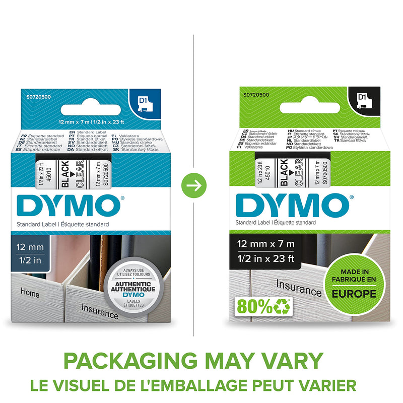 [Australia - AusPower] - DYMO Standard D1 45010 Labeling Tape ( Black Print on Clear Tape , 1/2'' W x 23' L , 1 Cartridge) 