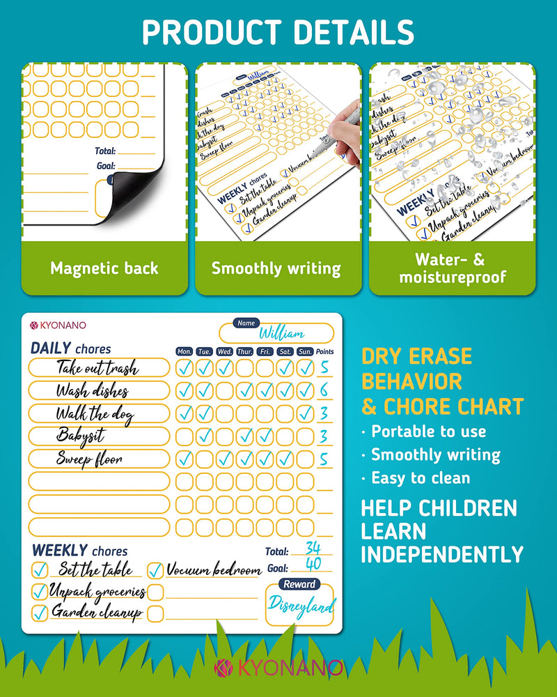 [Australia - AusPower] - Magnetic Chore Chart - Dry Erase Behavior & Chore Chart - Kids Chore Chart for 3 Kids with 6 Colored Markers with Eraser Caps, Magnetic Refrigerator White Board for Training Responsibility 