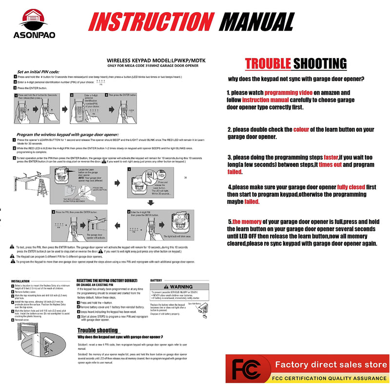 [Australia - AusPower] - LPWKP/MDTK Megacode 318MHZ Keyless Entry Wireless Keypad for Linear LD033 LD050 LS050 Garage Door Opener(1Pack) 