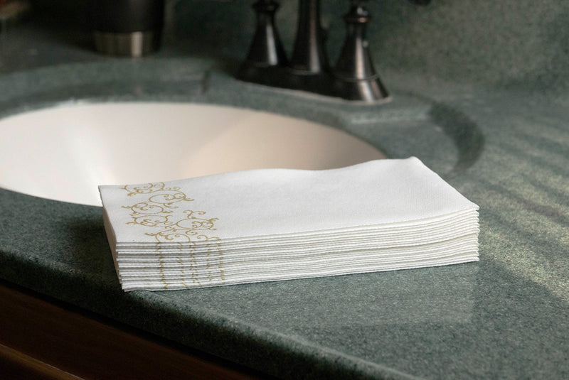 [Australia - AusPower] - SimuLinen Disposable Guest Bathroom Hand Towels - Gold Floral Design - Linen-Feel Disposable Paper Towels, Cloth-Like Texture, Single-Use - Perfect Size: 12x17” Unfolded & 8.5x4” Folded - Box of 100 