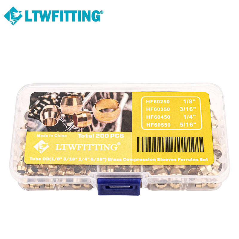 [Australia - AusPower] - LTWFITTING Assortment Kit 1/8 3/16 1/4 5/16 Inch OD Compression Sleeves Ferrules, Brass Compression Fittings(Pack of 200) 