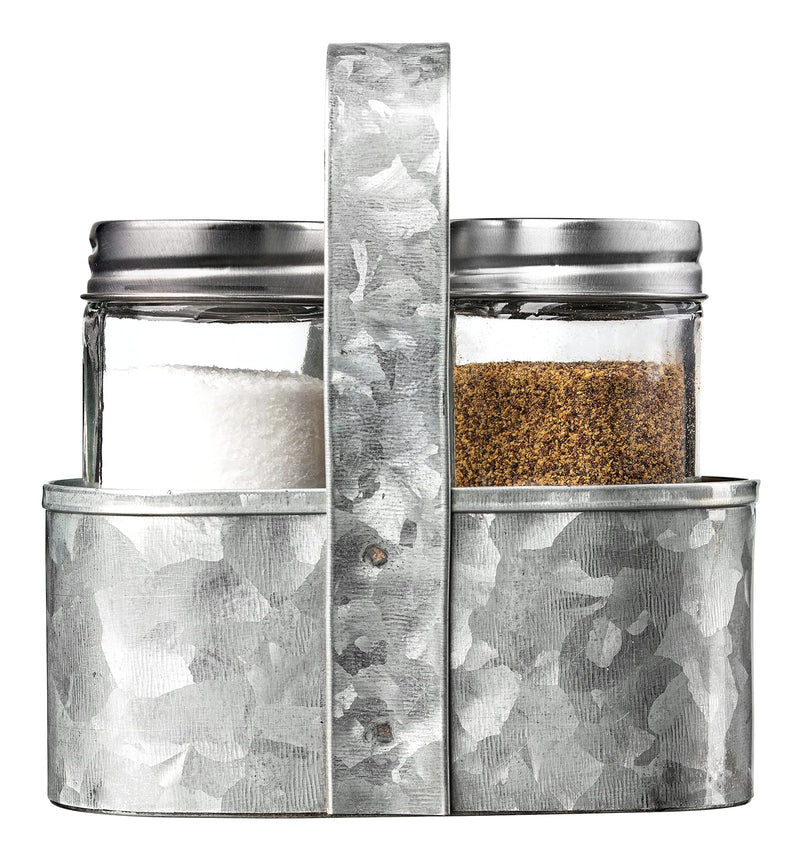 [Australia - AusPower] - Royalty Art Farmhouse Salt and Pepper Holder with Carry Handle, Rustic Home Decor for Kitchen Counter, Picnic Table, BBQ, and Camping, Silver Galvanized Steel 