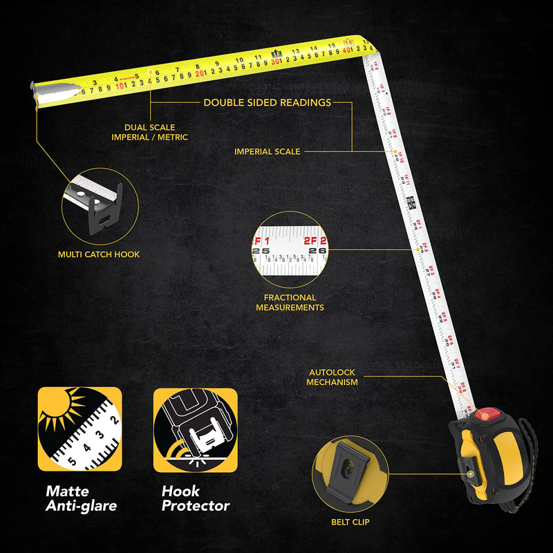 [Australia - AusPower] - LEXIVON 25Ft/7.5m AutoLock Tape Measure | 1-Inch Wide Blade with Nylon Coating, Matte Finish White & Yellow Dual Sided Rule Print | Ft/Inch/Fractions/Metric (LX-205) 25FT AutoLock 
