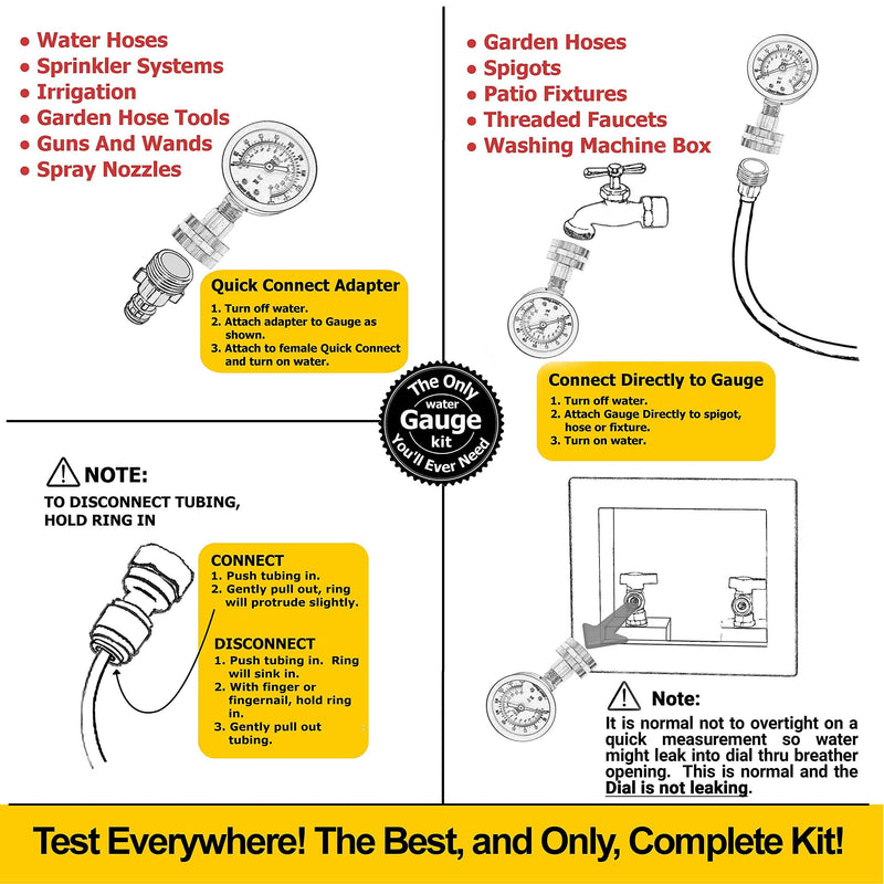 [Australia - AusPower] - Flow Doctor Water Pressure Gauge Kit, All Purpose, 6 Parts Kit, 0 to 200 Psi, 0 to 14 Bars, Standard 3/4" Female Garden Hose Thread Plus 5 Adapters to Test in Multiple Locations Indoors and Outdoors 