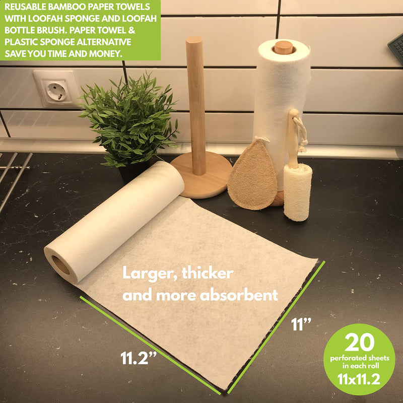 [Australia - AusPower] - Bamboo Paper Towels | Washable Reusable Paper Towels, 2 Rolls,(40 Sheets)1 Year Supply & Loofah Sponge & Dish Scrub Brush | Eco Friendly Paper Towel Alternative | Zero Waste Gift Set 