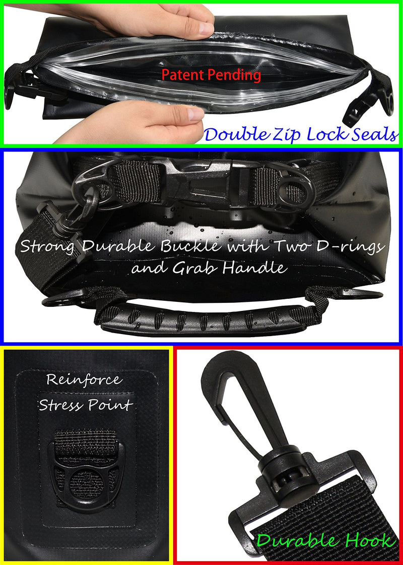 [Australia - AusPower] - Freegrace Waterproof Dry Bags Set of 3 - Dry Bag with 2 Zip Lock Seals & Detachable Shoulder Strap, Waist Pouch & Phone Case - Can Be Submerged Into Water for Swimming, Kayak, Rafting & Boating Black 5L 