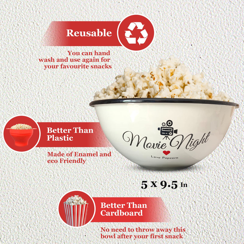 [Australia - AusPower] - Delightful Bliss Popcorn Bowl-Retro Family- Size Popcorn Bucket Tub For Party & Movie Night Snacks- Non Chip, Shatterproof, Enamel Coated Stainless Steel Serving Container - 80oz Capacity, 5x9.5" 