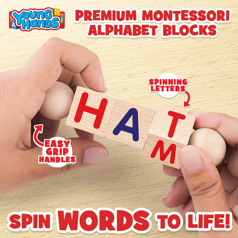 [Australia - AusPower] - Creative Kids Wooden Reading Blocks - Set of 5 Spinning Alphabet Blocks w/ Easy-Grip Handles - Kindergarten Preschool Learning Activities Letter Work - Wooden Montessori Toys Gifts for Kids Toddlers 