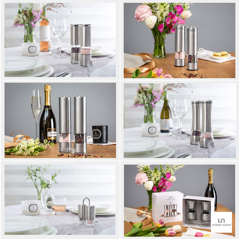[Australia - AusPower] - Salt and Pepper Grinder Set - Stainless Steel Pepper Grinder and Salt Grinder with Tray in Luxurious Gift-Box - Manual Mills with Ceramic Grinders and Adjustable Coarseness (Set of 2 plus Tray) 