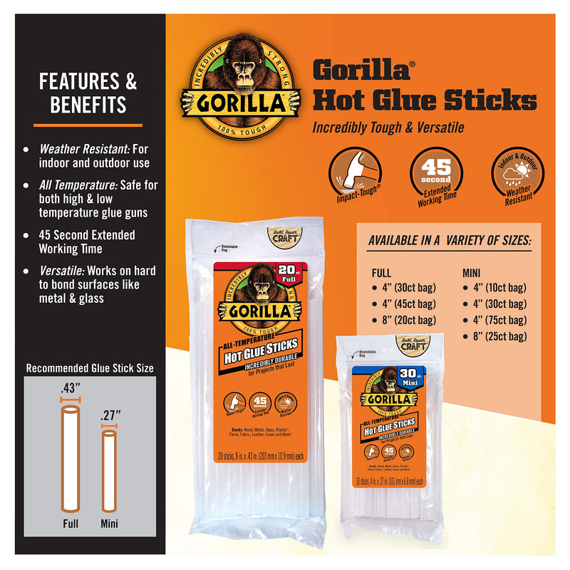 [Australia - AusPower] - Gorilla Hot Glue Sticks, Mini Size, 4" Long x .27" Diameter, 75 Count, Clear, (Pack of 1) 75 Count - 4" x .27" 1 Pack 