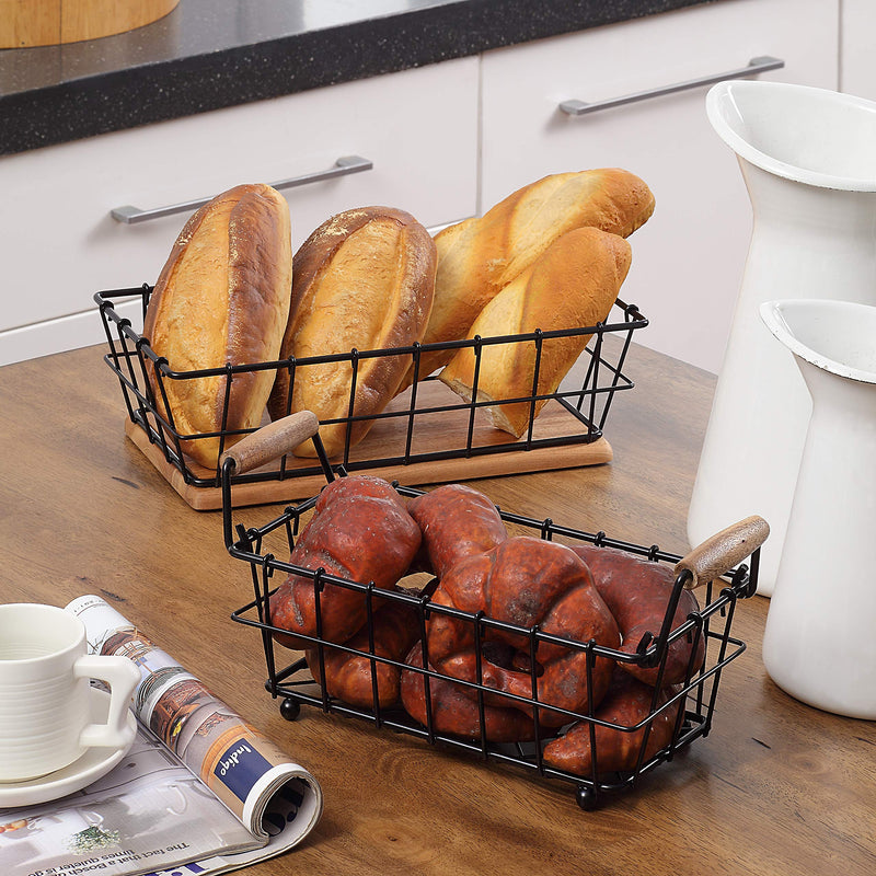 [Australia - AusPower] - SunnyPoint 2-Tier Rectangle Countertop Fruit, Bread Wire Basket (Black, Metal + Wood base) Black 