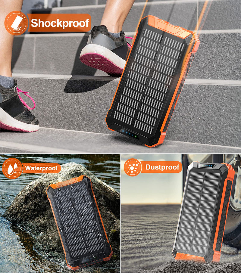 [Australia - AusPower] - Solar Power Bank 36000mAh Built-in 4 Cables Qi Wireless Charger with Dual LED Flashlight Solar Portable External Battery IPX4 Waterproof 15W 5V/3A USB C Port Six Outputs Three Inputs(Orange) Orange 