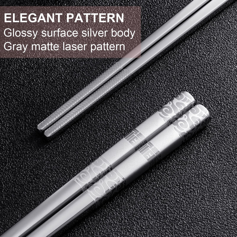 [Australia - AusPower] - Metal Chopsticks Reusable 5 Pairs Stainless Steel Chopsticks Dishwasher Safe Square Lightweight Non-Slip Chop Sticks Gift Set (Silver) 