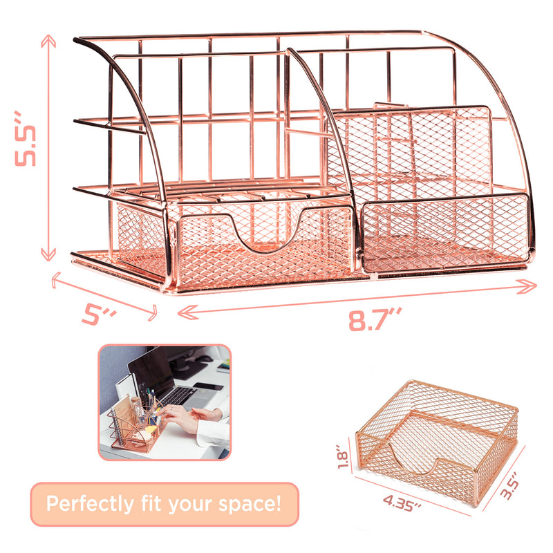 [Australia - AusPower] - Rose Gold Desk Organizer for Women Cute Home Office Accessories & Supplies Decor, Girly Desktop Stationary Essentials Organization Set, Mesh Caddy Storage 5 Compartments +1 Mini Sliding Drawer Rose Gold Small 8.7x5.5x5 